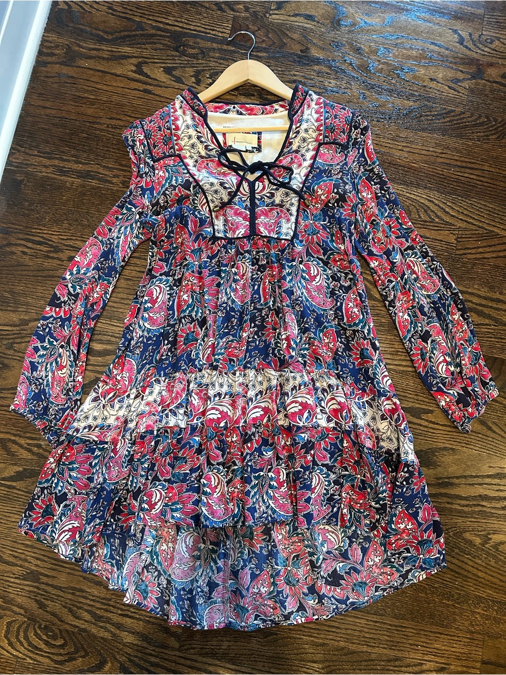 Anthropologie Navy and Pink Paisley Tiered Dress
